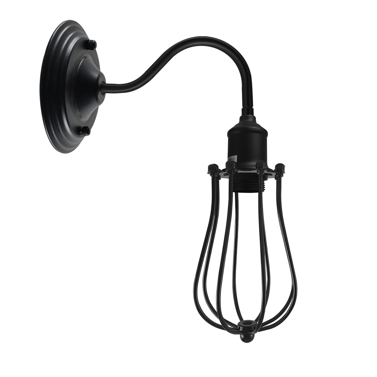 Swan Neck Wall Light with Shade – Black, Copper, Rose Gold, Satin Nickel, Brass - Black, Round Cage Black, T130 LED Bulb 4W