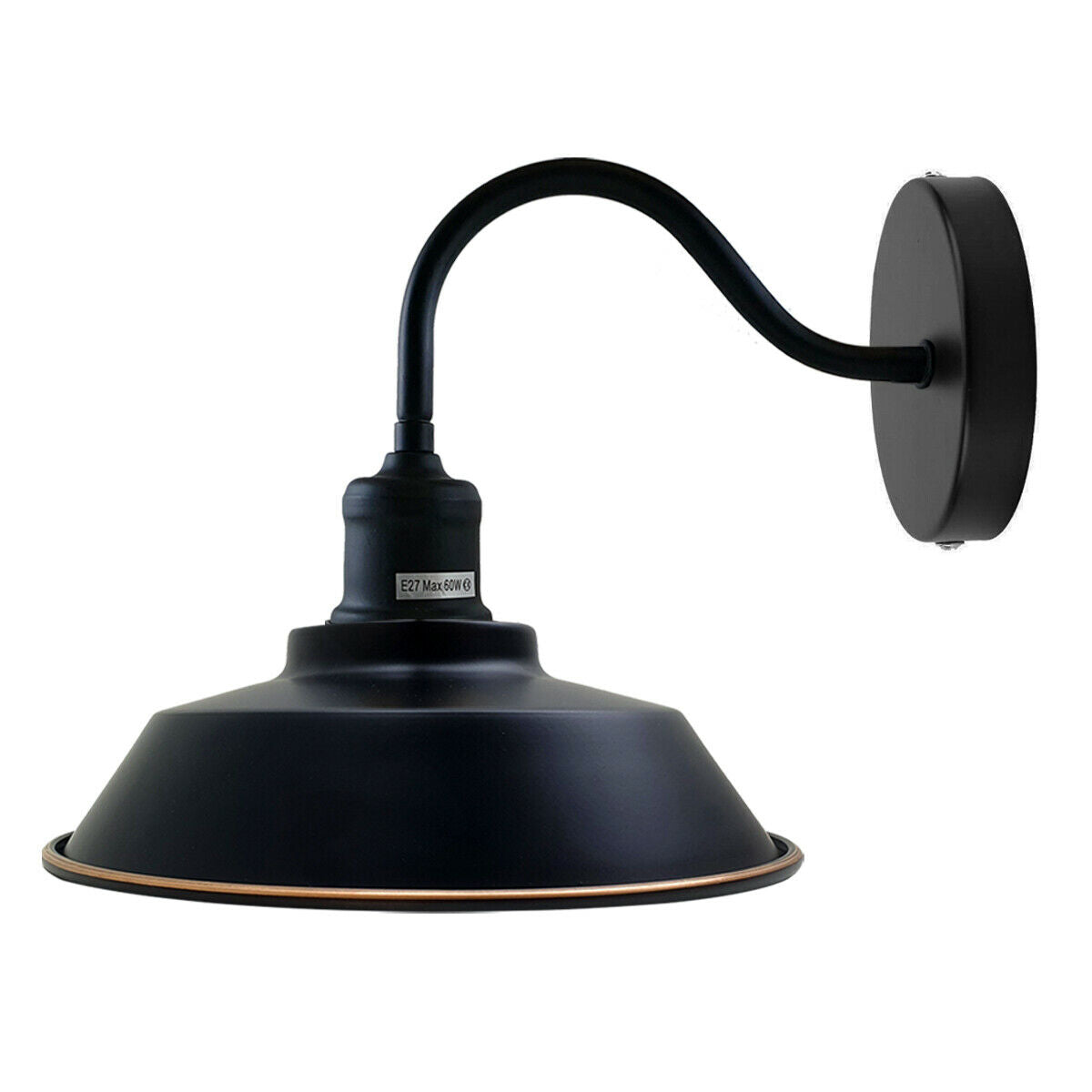 Swan Neck Wall Light with Shade – Black, Copper, Rose Gold, Satin Nickel, Brass - Black, Vintage Dome 22 cm Black & Gold Line, Without Bulb