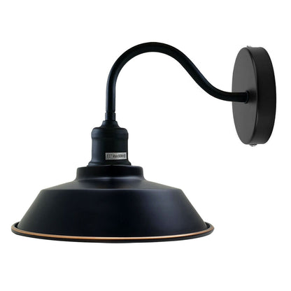 Swan Neck Wall Light with Shade – Black, Copper, Rose Gold, Satin Nickel, Brass - Black, Vintage Dome 22 cm Black & Gold Line, Without Bulb