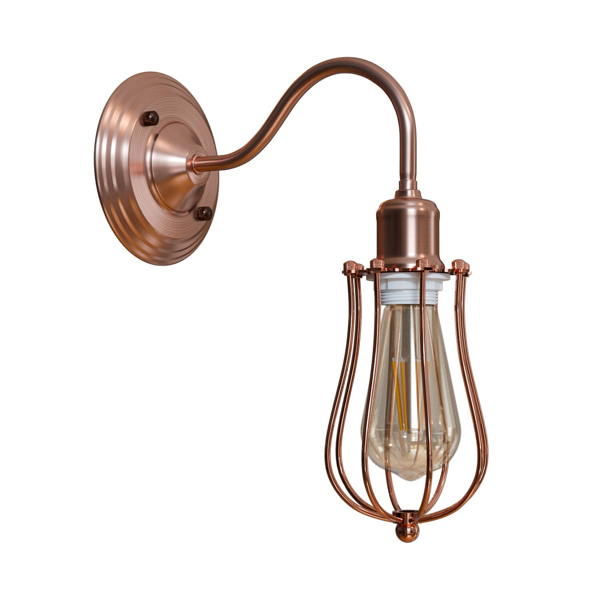 Swan Neck Wall Light with Shade – Black, Copper, Rose Gold, Satin Nickel, Brass - Copper, Round Cage Rose Gold, T130 LED Bulb 4W