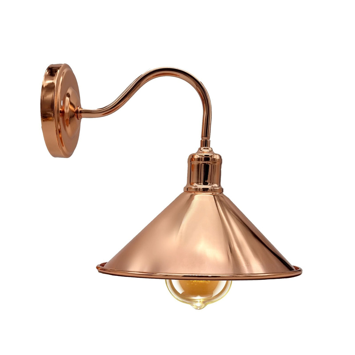 Swan Neck Wall Light with Shade – Black, Copper, Rose Gold, Satin Nickel, Brass - Rose Gold, Flat Cone 22 cm Rose Gold 108 mm Rose, Without Bulb