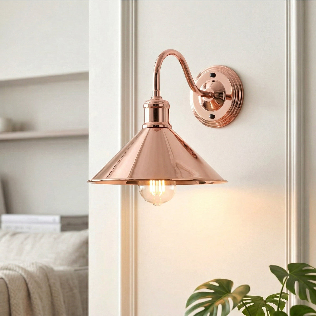 Swan Neck Wall Light with Shade – Black, Copper, Rose Gold, Satin Nickel, Brass - Rose Gold, Flat Cone 22 cm Rose Gold 140 mm Rose, Without Bulb