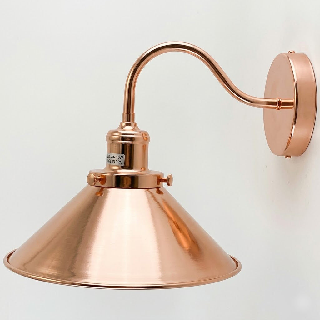 Swan Neck Wall Light with Shade – Black, Copper, Rose Gold, Satin Nickel, Brass - Rose Gold, Flat Cone 22 cm Rose Gold Shade Ring, Hardwired, Without Bulb