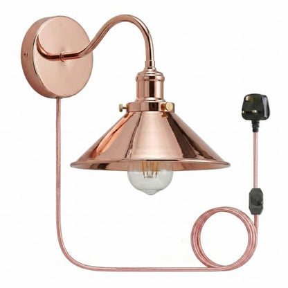 Swan Neck Wall Light with Shade – Black, Copper, Rose Gold, Satin Nickel, Brass - Rose Gold, Flat Cone 22 cm Rose Gold Shade Ring, Plug-in, 2 m Dimmer Cord, Without Bulb