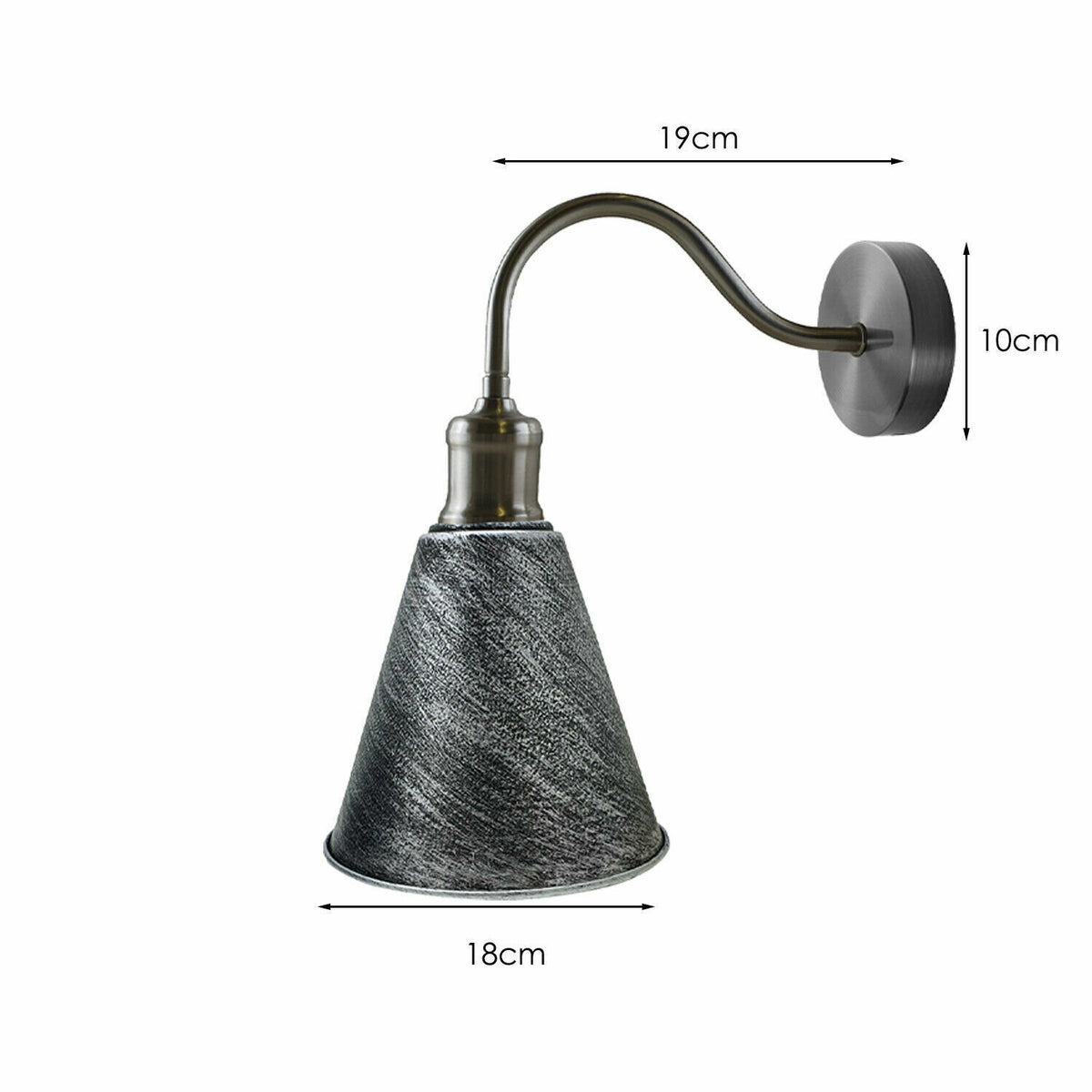 Swan Neck Wall Light with Shade – Black, Copper, Rose Gold, Satin Nickel, Brass - Satin Nickel, Long Cone 18 cm Brushed Silver, Without Bulb
