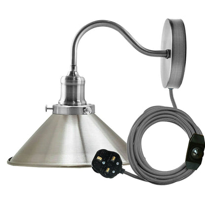 Swan Neck Wall Light with Shade – Black, Copper, Rose Gold, Satin Nickel, Brass - Satin Nickel, Small Cone 22 cm Satin Nickel, Without Bulb