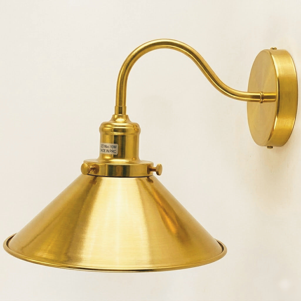 Swan Neck Wall Light with Shade – Black, Copper, Rose Gold, Satin Nickel, Brass - Yellow Brass, Flat Cone 22 cm Yellow Brass, Without Bulb