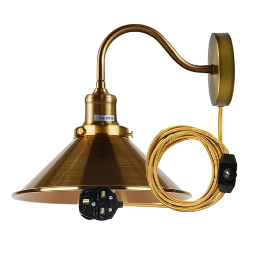 Swan Neck Wall Light with Shade – Black, Copper, Rose Gold, Satin Nickel, Brass - Yellow Brass, Small Cone 22 cm Yellow Brass Shade Ring, Without Bulb