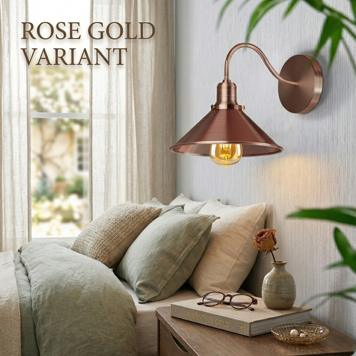 Swan Neck Wall Light with Shade – Black, Copper, Rose Gold, Satin Nickel, Brass