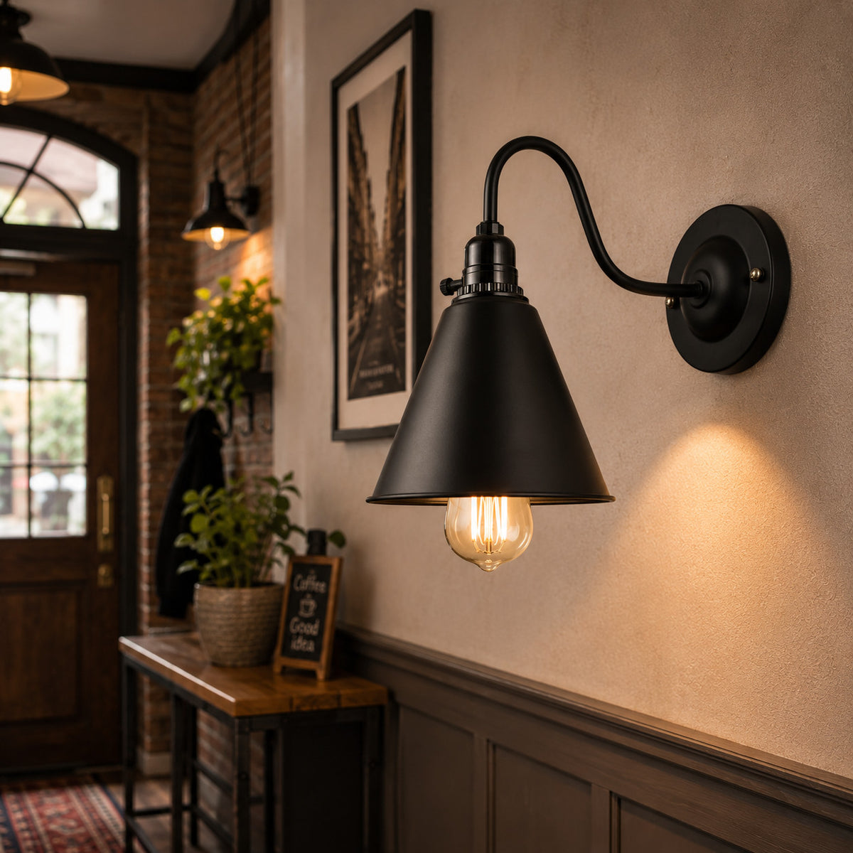 Swan Neck Wall Light with Switch – Black, E27, with Shade - photo 6
