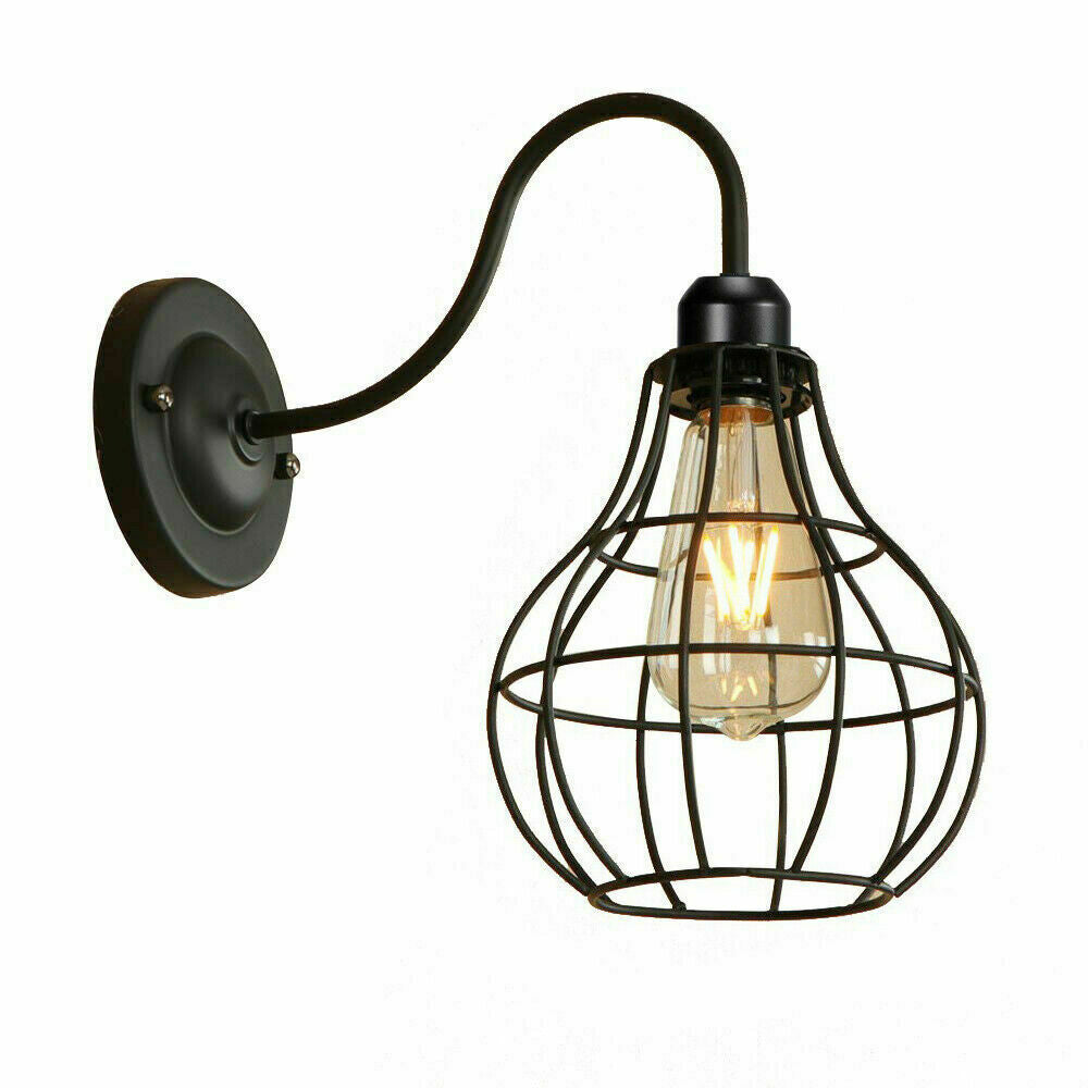Swan Neck Wall Light with Switch – Black, E27, with Shade - Black, Balloon Cage Black, Without Bulb