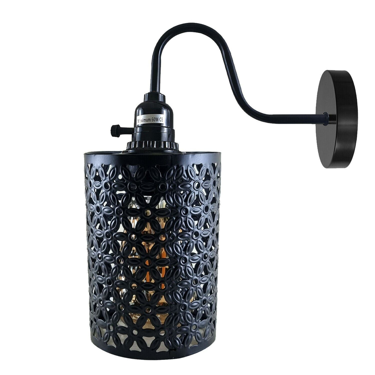 Swan Neck Wall Light with Switch – Black, E27, with Shade - Black, Barrel Cage Style 2 Black, Without Bulb