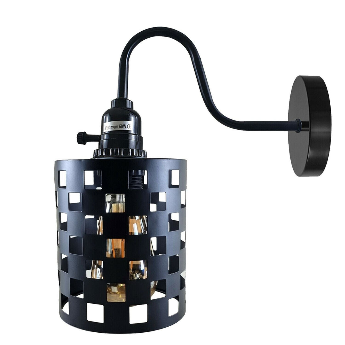 Swan Neck Wall Light with Switch – Black, E27, with Shade - Black, Barrel Cage Style 1 Black, Without Bulb