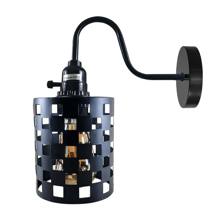 Swan Neck Wall Light with Switch – Black, E27, with Shade - Black, Barrel Cage Style 1 Black, Without Bulb