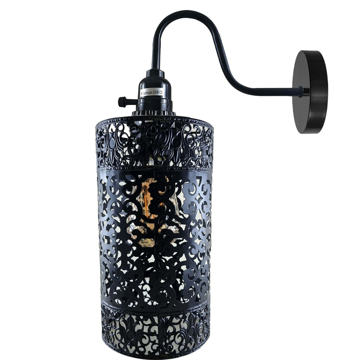 Swan Neck Wall Light with Switch – Black, E27, with Shade - Black, Barrel Cage Style 6 Black, Without Bulb