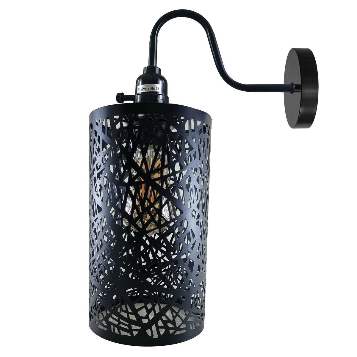 Swan Neck Wall Light with Switch – Black, E27, with Shade - Black, Barrel Cage Style 7 Black, Without Bulb
