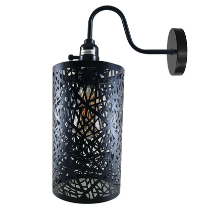 Swan Neck Wall Light with Switch – Black, E27, with Shade - Black, Barrel Cage Style 7 Black, Without Bulb
