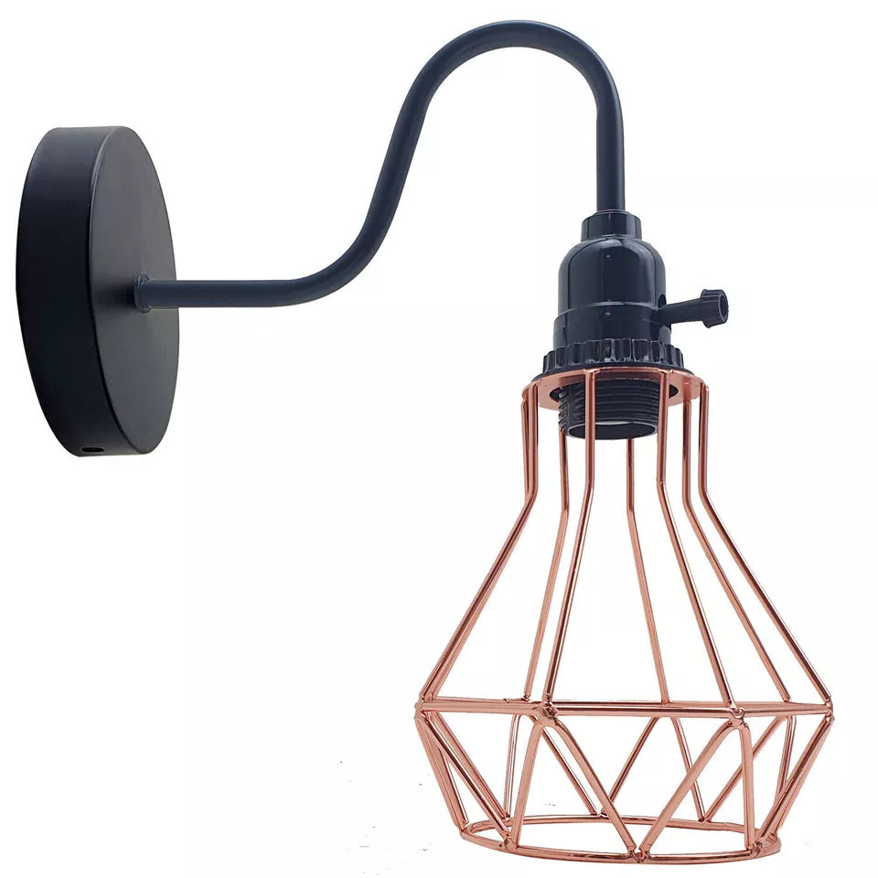 Swan Neck Wall Light with Switch – Black, E27, with Shade - Black, Cage Rose Gold, Without Bulb