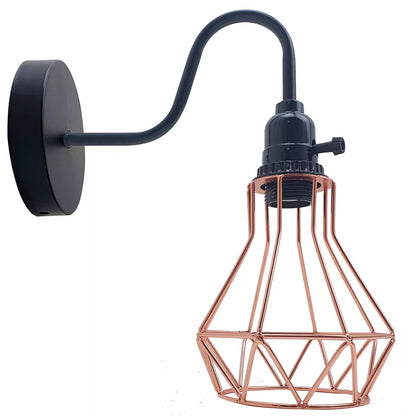 Swan Neck Wall Light with Switch – Black, E27, with Shade - Black, Cage Rose Gold, Without Bulb