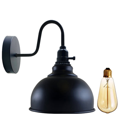 Swan Neck Wall Light with Switch – Black, E27, with Shade - Black, Curvy 21 cm Black & Gold Shade Ring, Without Bulb
