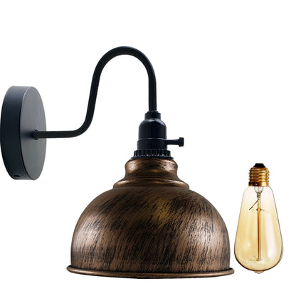 Swan Neck Wall Light with Switch – Black, E27, with Shade - Black, Curvy 21 cm Brushed Copper Shade Ring, Without Bulb