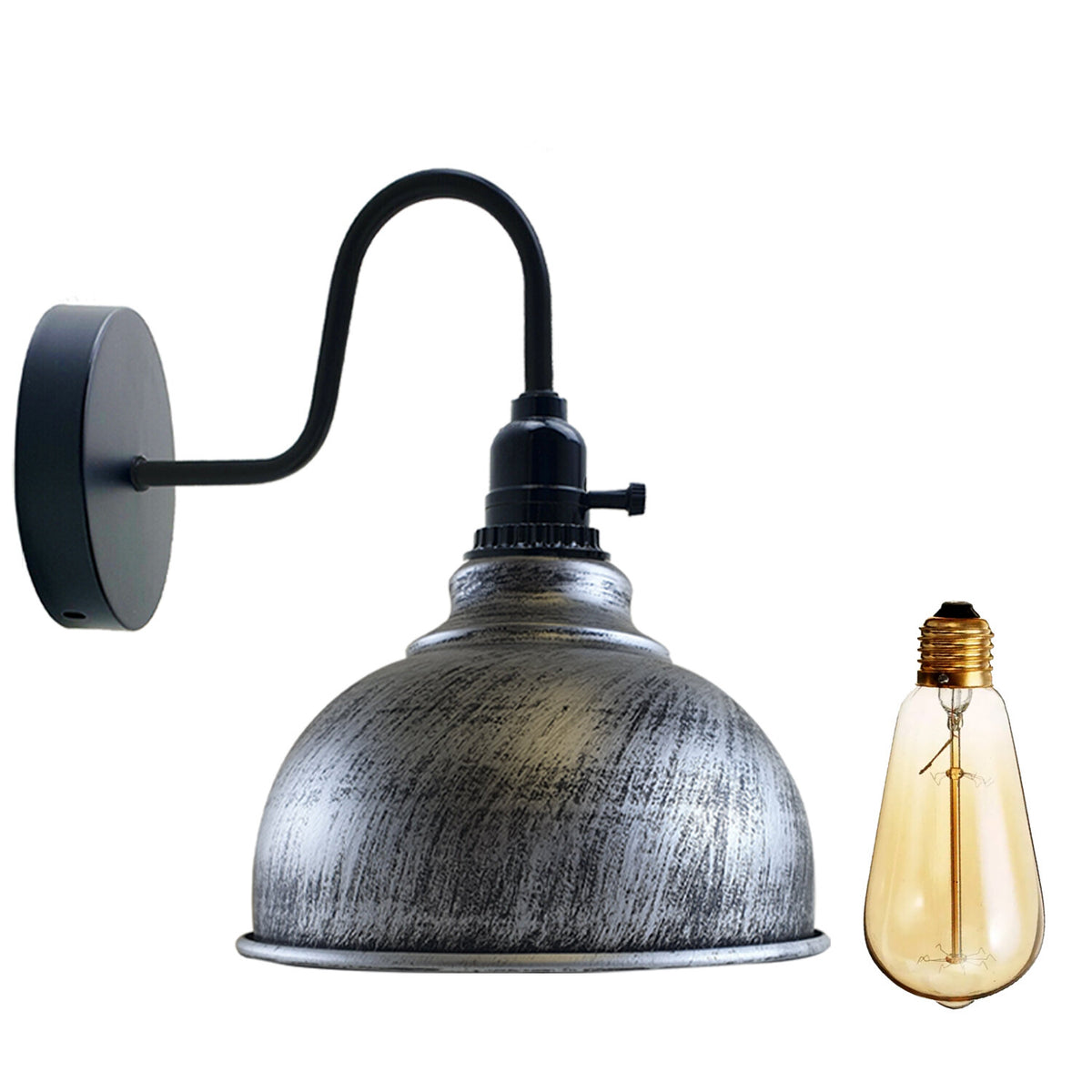 Swan Neck Wall Light with Switch – Black, E27, with Shade - Black, Curvy 21 cm Brushed Silver Shade Ring, Without Bulb