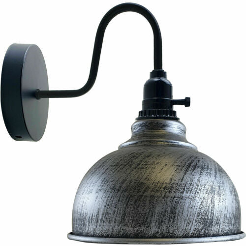 Swan Neck Wall Light with Switch – Black, E27, with Shade - Black, Curvy 21 cm Brushed Silver, Without Bulb