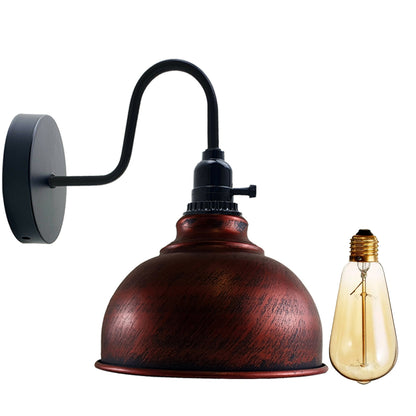 Swan Neck Wall Light with Switch – Black, E27, with Shade - Black, Curvy 21 cm Rustic Red Shade Ring, Without Bulb