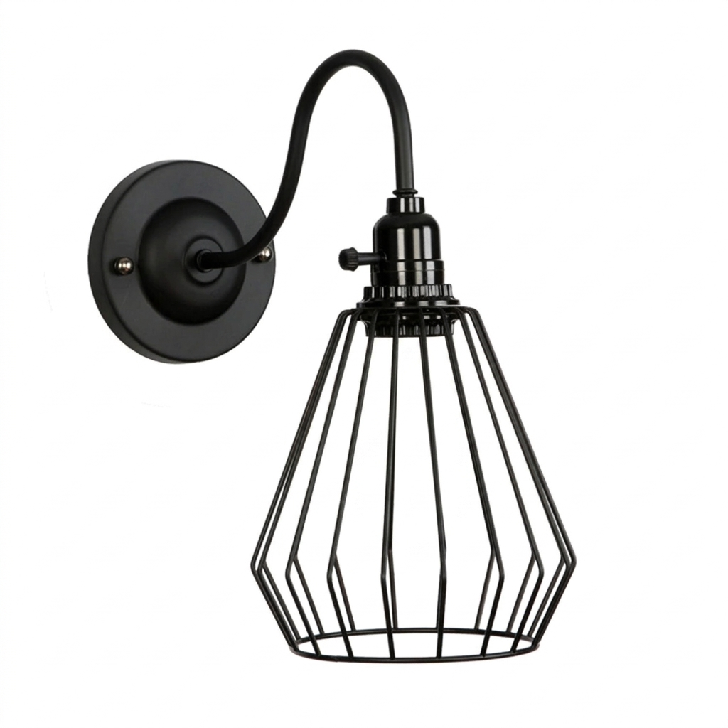 Swan Neck Wall Light with Switch – Black, E27, with Shade - Black, Diamond Cage Black, Without Bulb