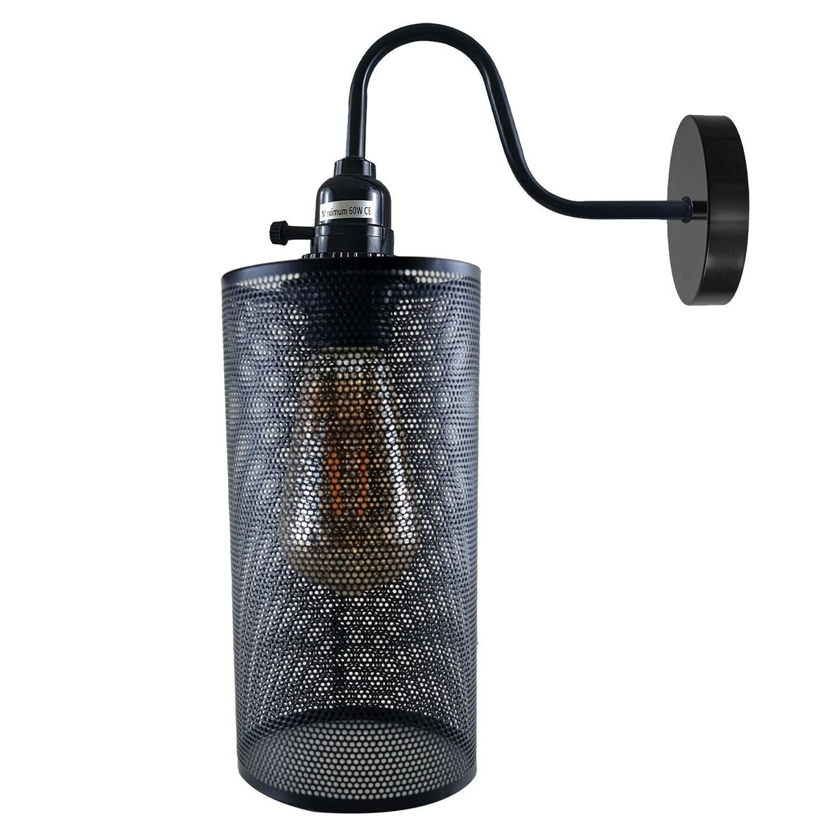 Swan Neck Wall Light with Switch – Black, E27, with Shade - Black, Drum Style 5 Black, Without Bulb