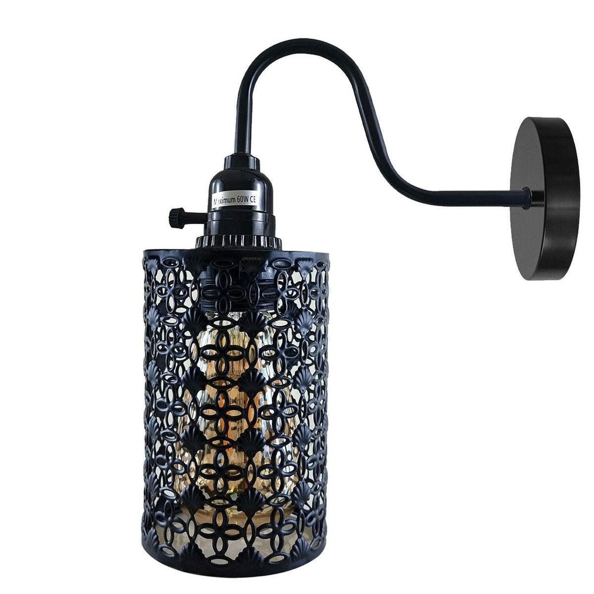Swan Neck Wall Light with Switch – Black, E27, with Shade - Black, Drum Style 4 Black, Without Bulb