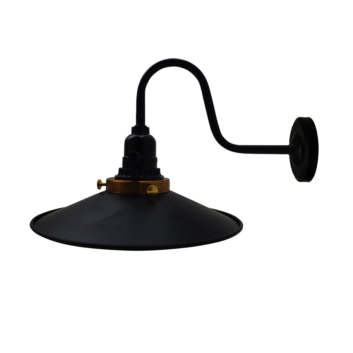 Swan Neck Wall Light with Switch – Black, E27, with Shade - Black, Flat Black 108 mm Rose Shade Ring, Without Bulb