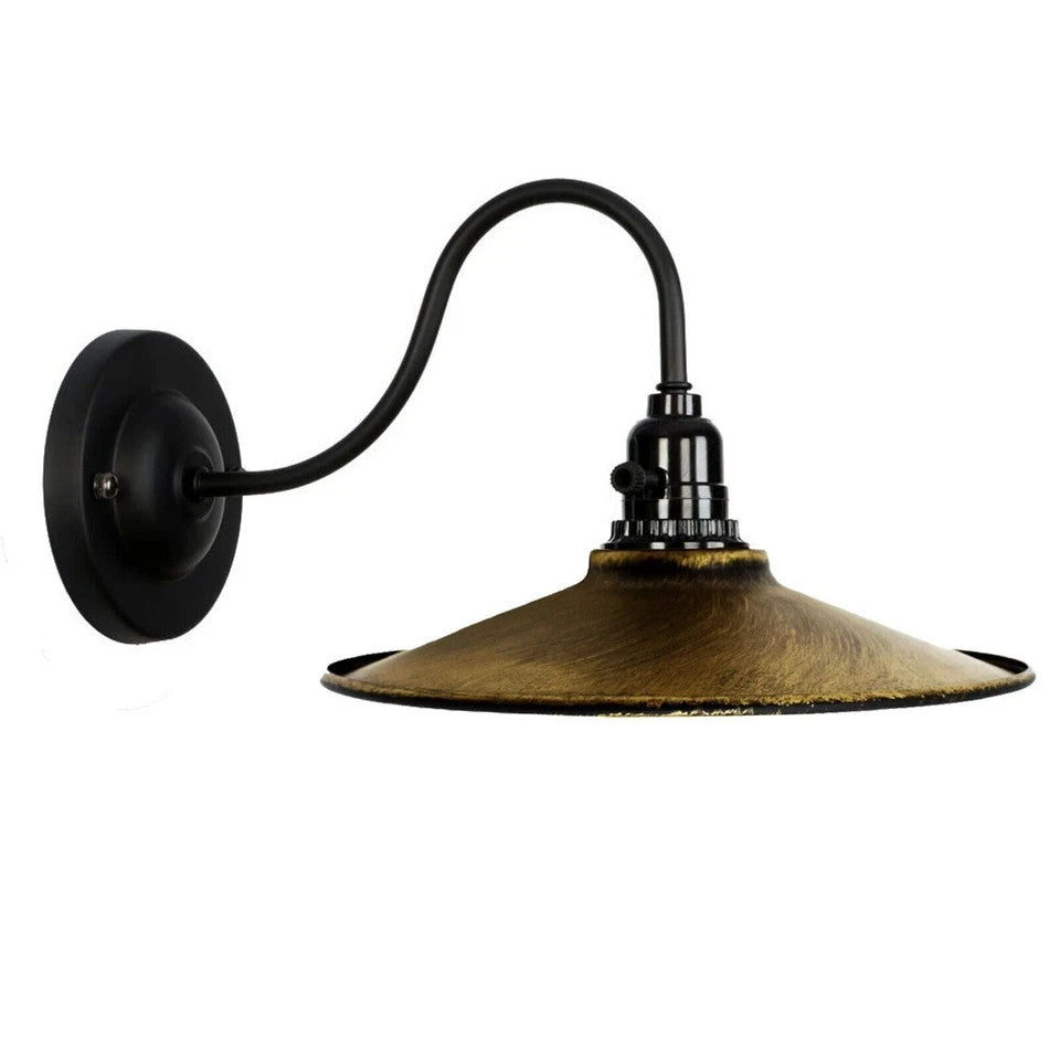 Swan Neck Wall Light with Switch – Black, E27, with Shade - Black, Flat Brushed Brass, Without Bulb
