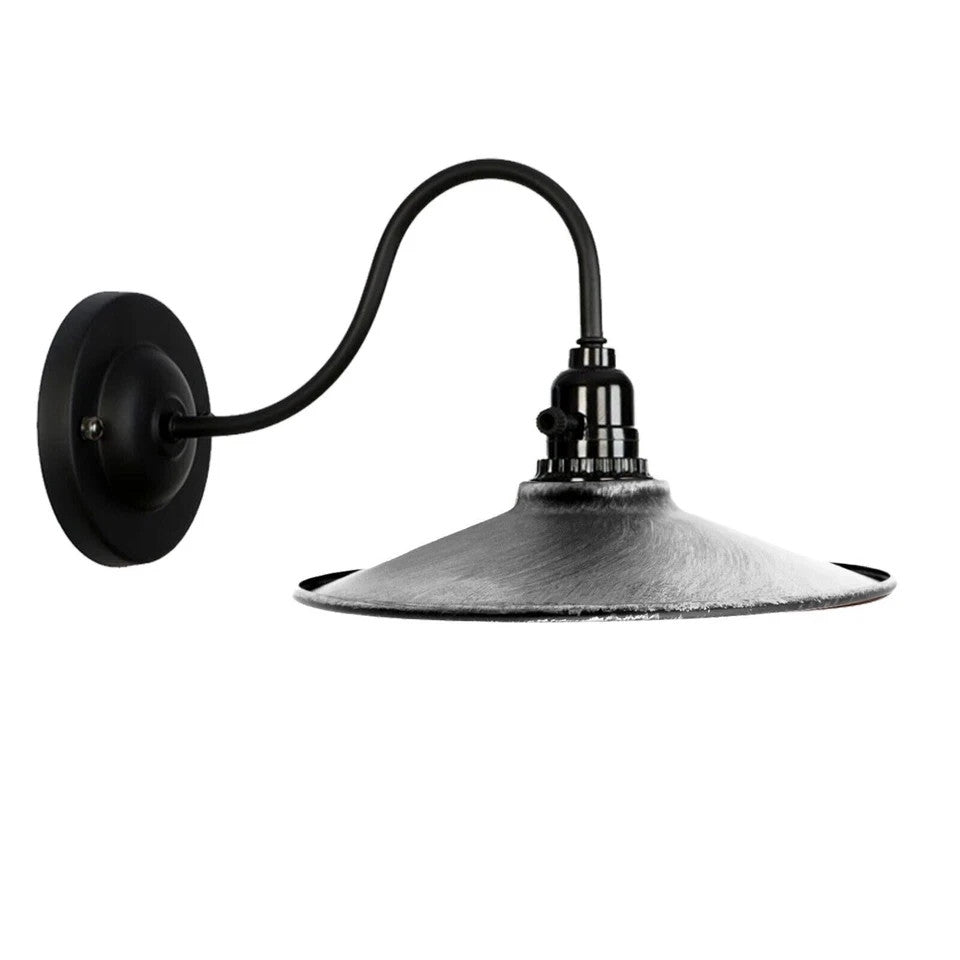 Swan Neck Wall Light with Switch – Black, E27, with Shade - Black, Flat Brushed Silver, Without Bulb