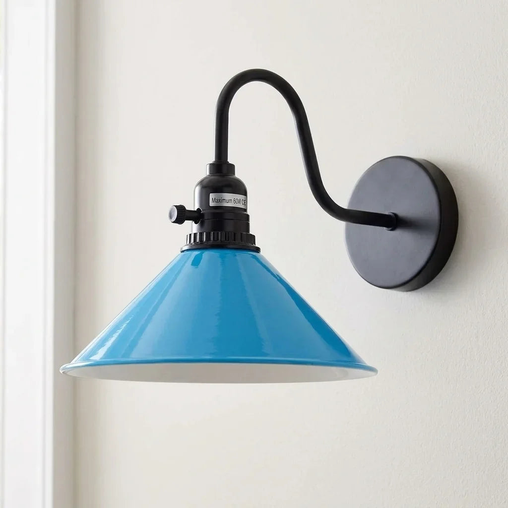 Swan Neck Wall Light with Switch – Black, E27, with Shade - Black, Flat Cone 22 cm Blue, Without Bulb
