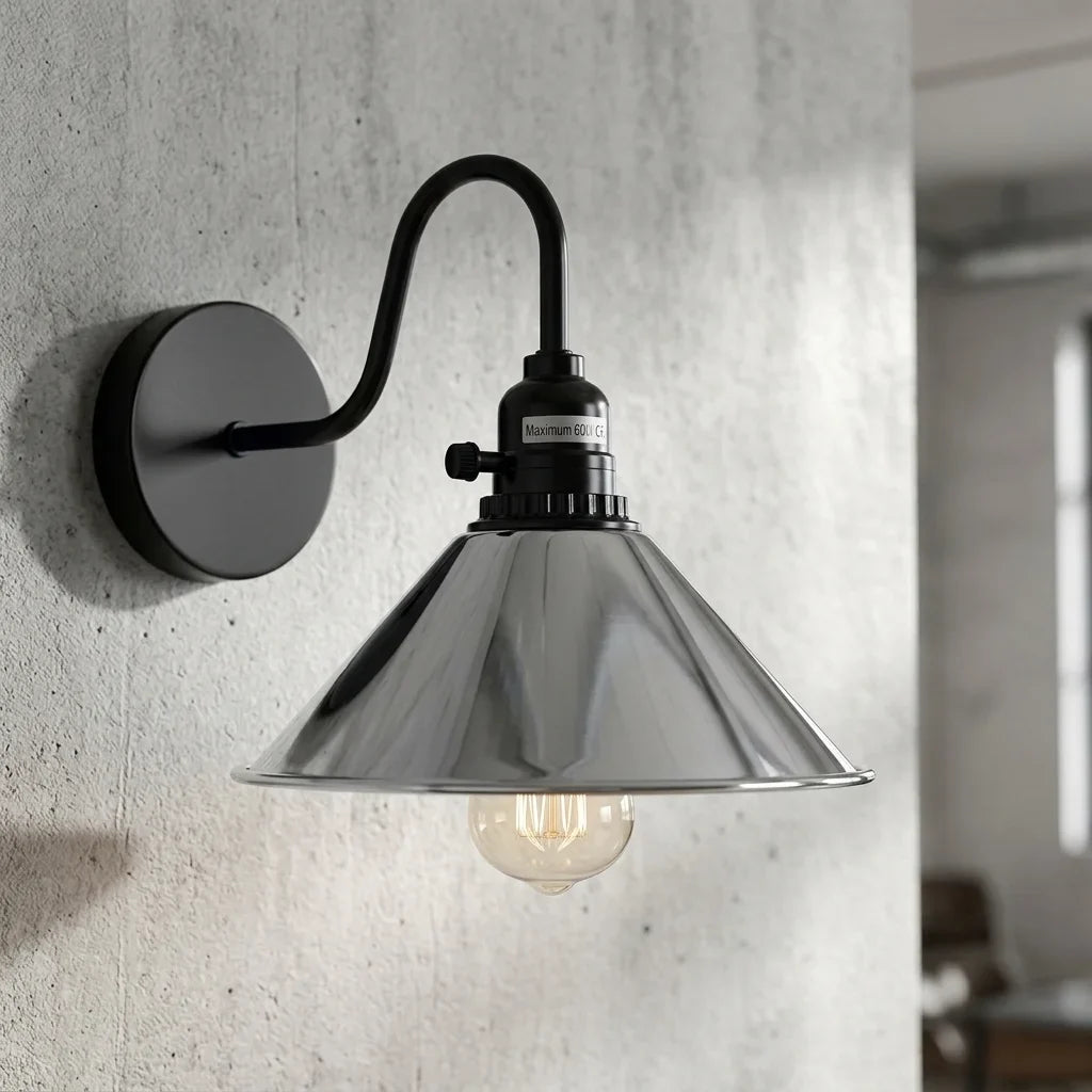 Swan Neck Wall Light with Switch – Black, E27, with Shade - Black, Flat Cone 22 cm Chrome, Without Bulb