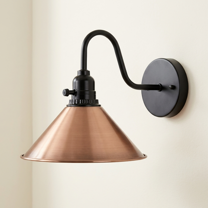 Swan Neck Wall Light with Switch – Black, E27, with Shade - Black, Flat Cone 22 cm Copper, Without Bulb