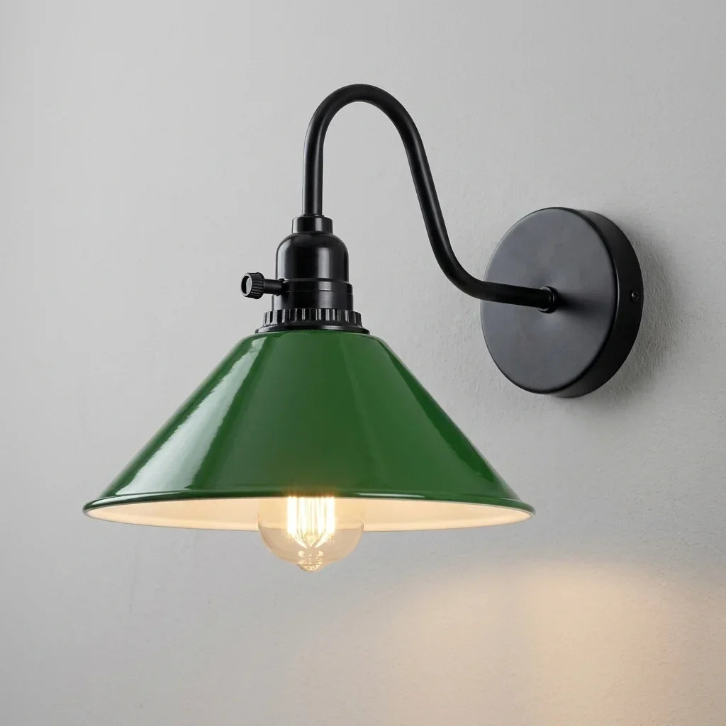 Swan Neck Wall Light with Switch – Black, E27, with Shade - Black, Flat Cone 22 cm Green, Without Bulb