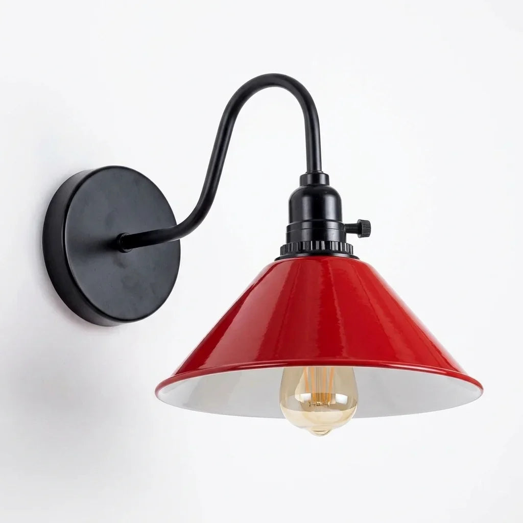 Swan Neck Wall Light with Switch – Black, E27, with Shade - Black, Flat Cone 22 cm Red, Without Bulb