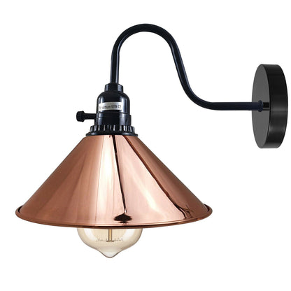 Swan Neck Wall Light with Switch – Black, E27, with Shade - Black, Flat Cone 22 cm Rose Gold, Without Bulb