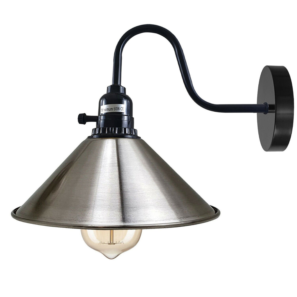 Swan Neck Wall Light with Switch – Black, E27, with Shade - Black, Flat Cone 22 cm Satin Nickel, Without Bulb