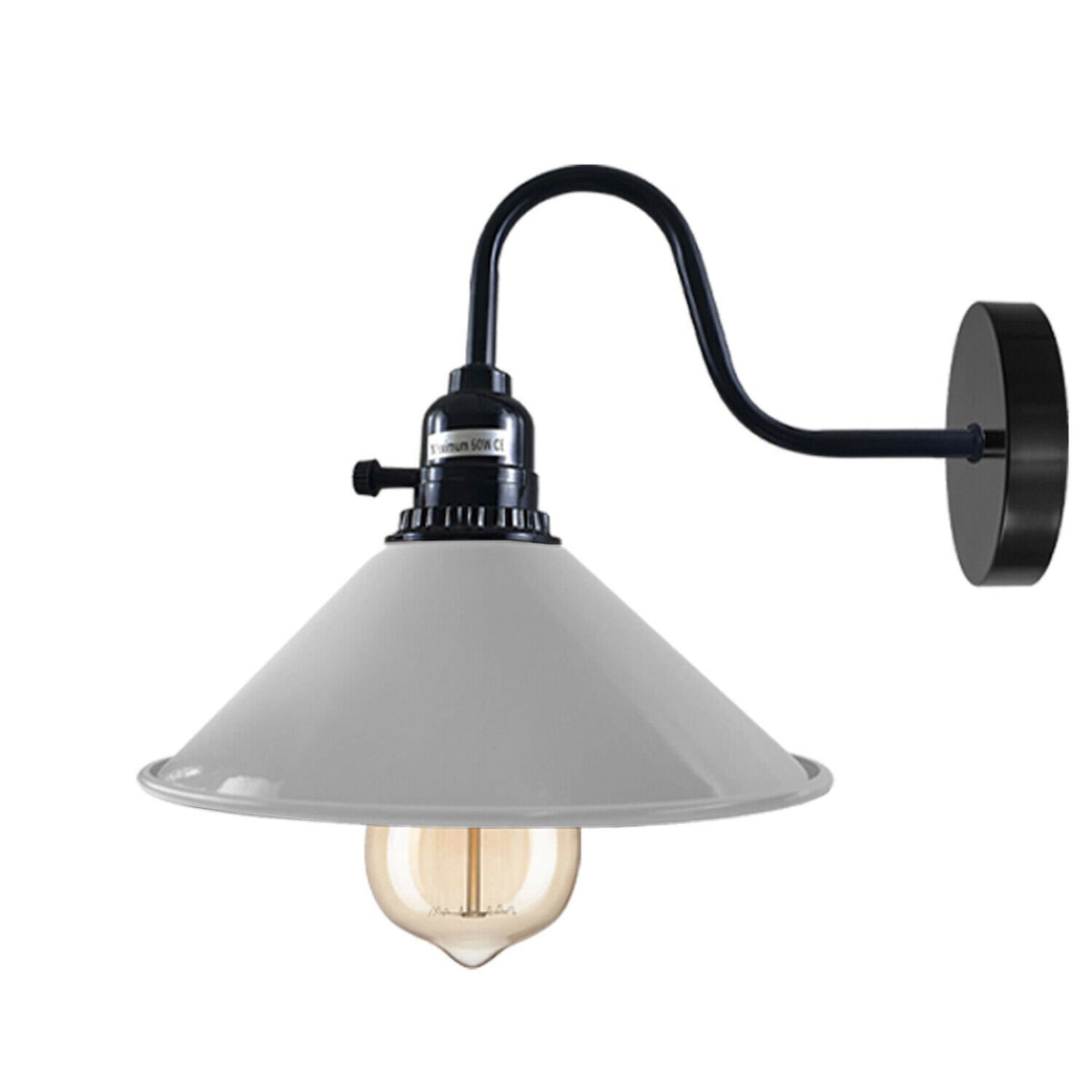 Swan Neck Wall Light with Switch – Black, E27, with Shade - Black, Flat Cone 22 cm White, Without Bulb