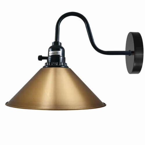 Swan Neck Wall Light with Switch – Black, E27, with Shade - Black, Flat Cone 22 cm Yellow Brass, Without Bulb