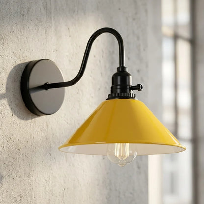Swan Neck Wall Light with Switch – Black, E27, with Shade - Black, Flat Cone 22 cm Yellow, Without Bulb