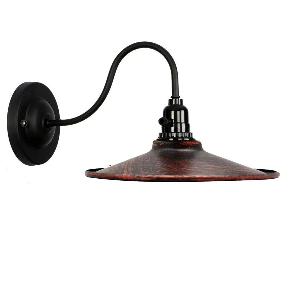 Swan Neck Wall Light with Switch – Black, E27, with Shade - Black, Flat Rustic Red, Without Bulb
