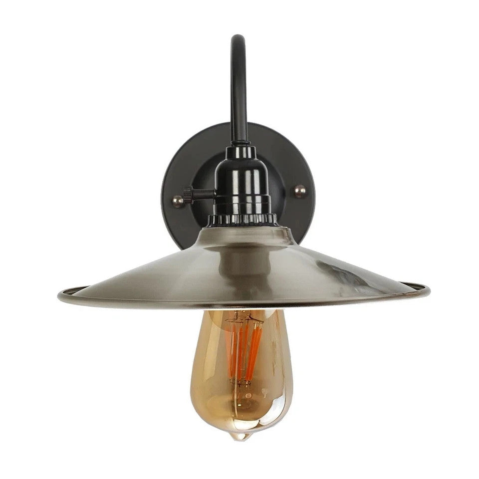 Swan Neck Wall Light with Switch – Black, E27, with Shade - Black, Flat Satin Nickel, Without Bulb