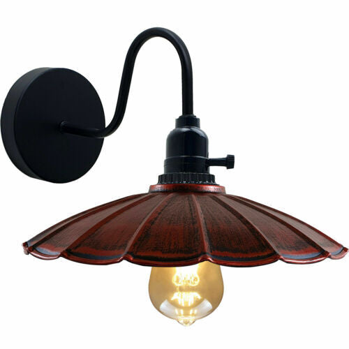 Swan Neck Wall Light with Switch – Black, E27, with Shade - Black, Lounge 22 cm Rustic Red, Without Bulb