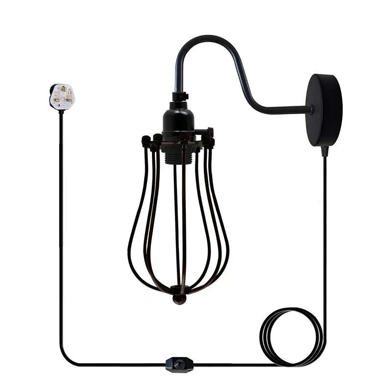 Swan Neck Wall Light with Switch – Black, E27, with Shade - Black, Round Cage Black, Without Bulb