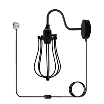 Swan Neck Wall Light with Switch – Black, E27, with Shade - Black, Round Cage Black, Without Bulb