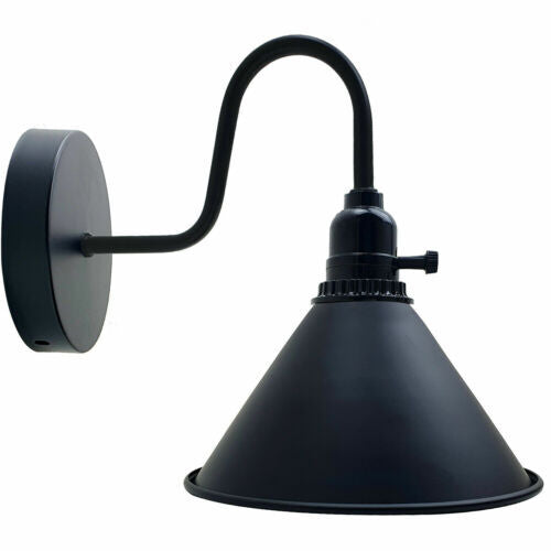 Swan Neck Wall Light with Switch – Black, E27, with Shade - Black, Small Cone 18 cm Black, Without Bulb